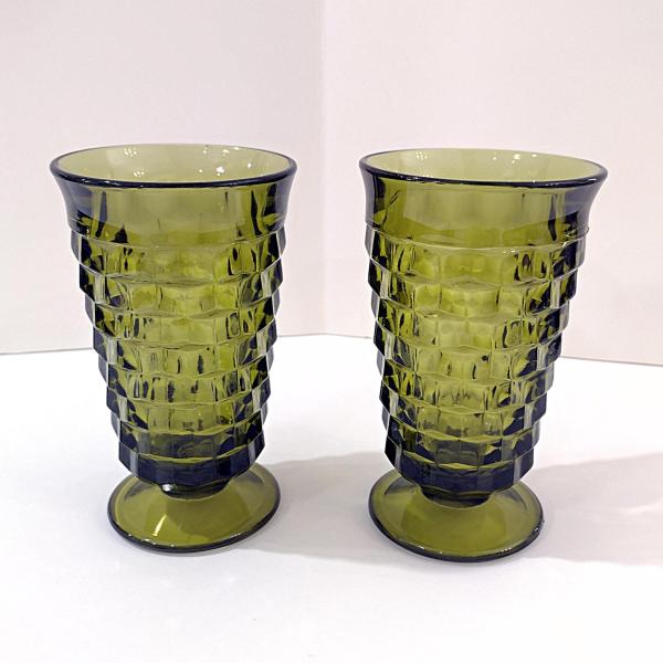 Vintage Colony Whitehall Avocado Green Footed Iced Tea Glasses, Set of 2, Indiana Glass MCM Glassware