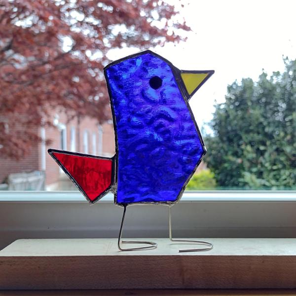 Stained Glass Standing Bird, Funky Glass Bird, Blue and Red Bird Suncatcher