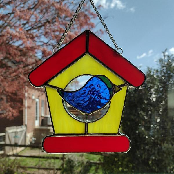 Stained Glass Bird House with Blue Bird Suncatcher