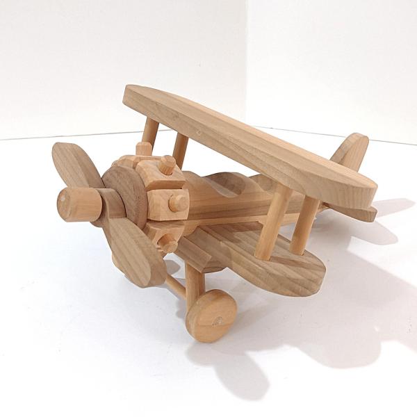 Vintage Wooden Airplane Rolling Child's Push Toy,  Wood Bi Plane Toy