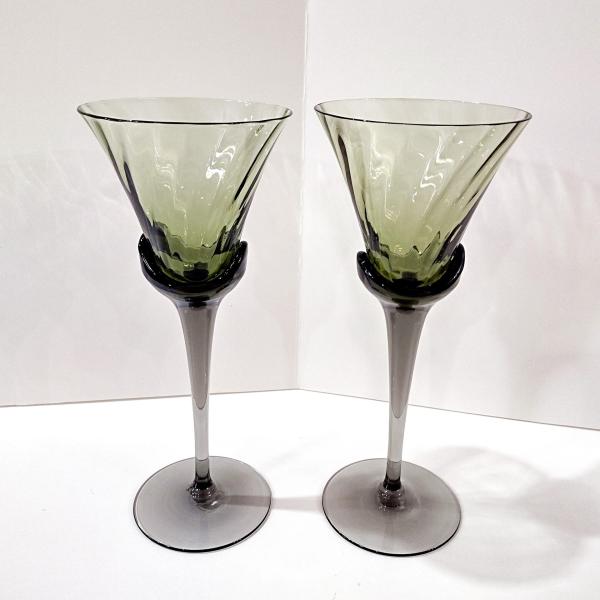 Vintage Mikasa Blossom Sage Green Wine Water Glasses, Set of Two, Green Blown Glass Tall Goblets