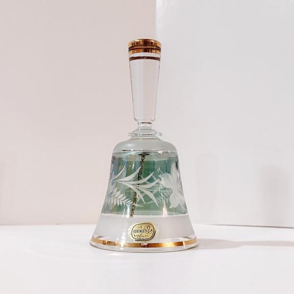 Vintage Green and Gold Etched Bohemian Czechoslovakian Glass Bell