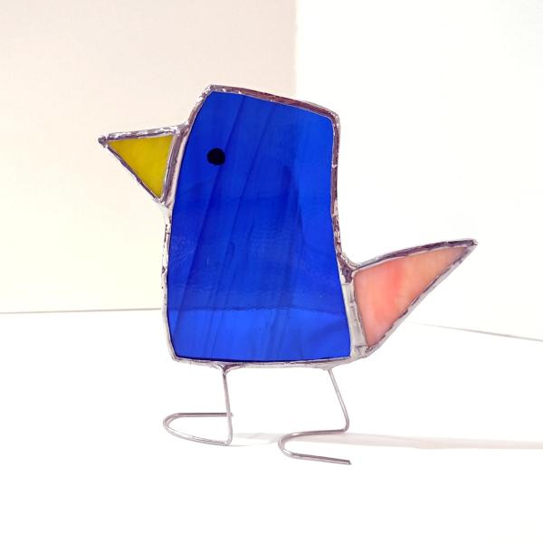 Stained Glass Standing Bird, Funky Blue and Orange Glass Bird Suncatcher, Bird Lover Gift, Windowsill Sitter