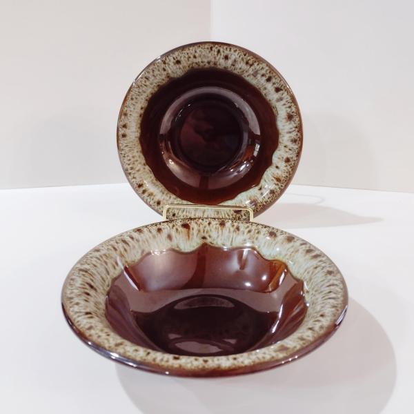 Vintage Canonsburg CAN38 Ironstone Coupe Cereal Bowls, Set of Two, Canonsburg Pottery Ceramic Brown Drip Glaze Bowls