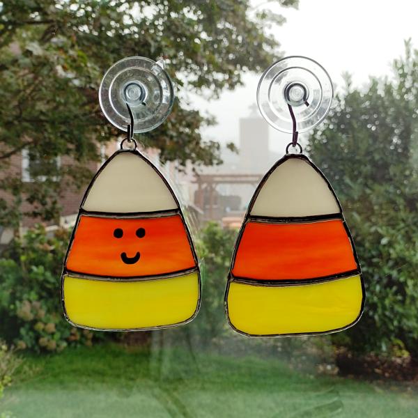 Stained Glass Candy Corn Suncatcher, Halloween Decoration, Happy Face or Plain Candy Corn Ornament