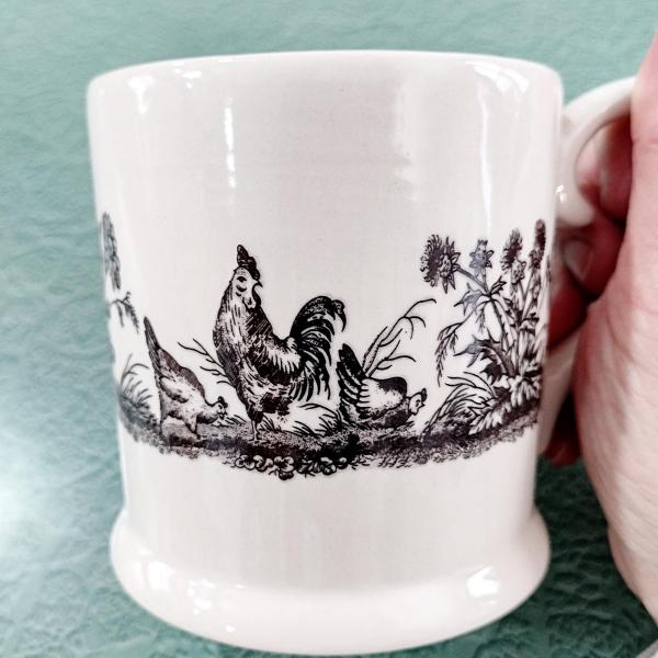 Vintage Black and White Toile Rooster, Chicken, Ducks, and Flowers Ceramic Coffee Mug