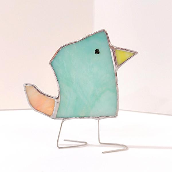 Stained Glass Standing Bird, Funky Blue and Orange Glass Bird Suncatcher, Bird Lover Gift, Windowsill Sitter