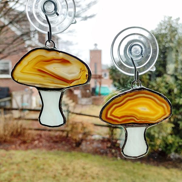 Mushrooms Agate Geode and Stained Glass Suncatchers, Set of Two