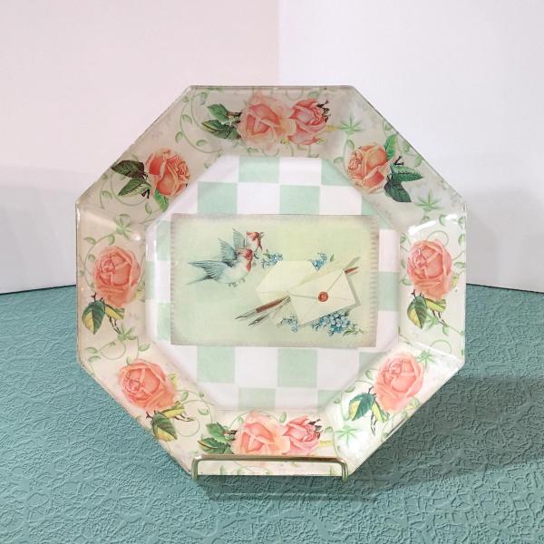 Vintage Roses, Birds, and Letters Decoupage Octagonal Glass Plate