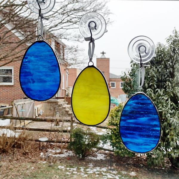 Stained Glass Easter Egg Suncatchers, Set of Three, Blue and Yellow Opalescent Glass