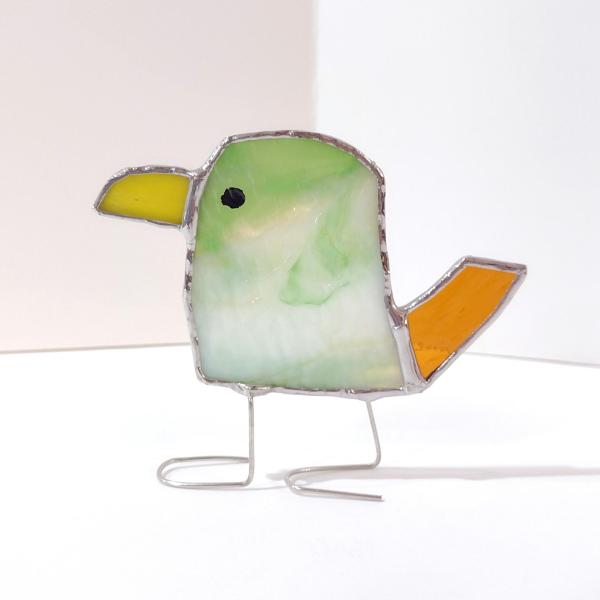 Stained Glass Standing Bird, Funky Glass Bird, Green and Orange Bird Suncatcher, Windowsill Sitter