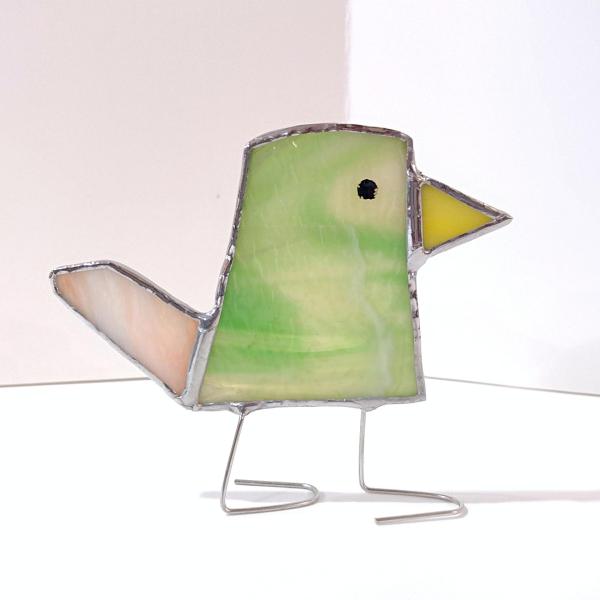 Stained Glass Standing Bird, Funky Glass Bird, Green and Orange Bird Suncatcher, Windowsill Sitter