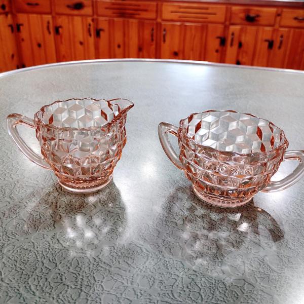 Vintage Jeanette Cube Pink Sugar and Creamer Set, Pink Depression Glass
