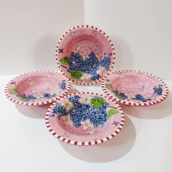 Vintage Laurie Gates Hydrangea Ceramic Pink Spongeware Salad Soup Cereal Bowls, Set of 4