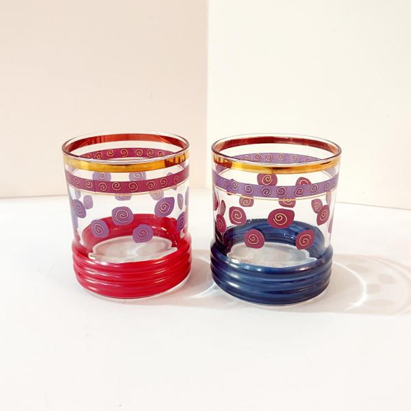 Vintage Blue and Red Gold Rimmed Lowball Glasses, Set of Two