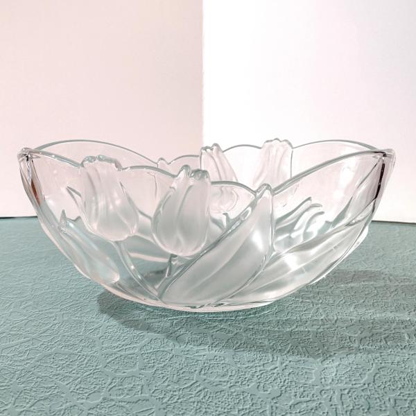 Vintage Mikasa Tulips Satin Oval Decorative Glass Bowl, Frosted Floral Centerpiece Fruit Bowl
