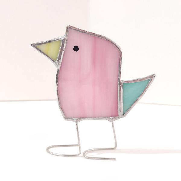Stained Glass Standing Bird, Funky Pink and Blue Glass Bird Suncatcher, Bird Lover Gift, Windowsill Sitter