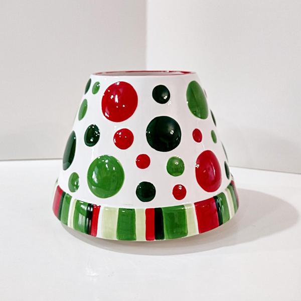 Vintage Yankee Candle Ceramic Shade Jar Topper, Ellen Krans Red and Green Polka Holiday Design