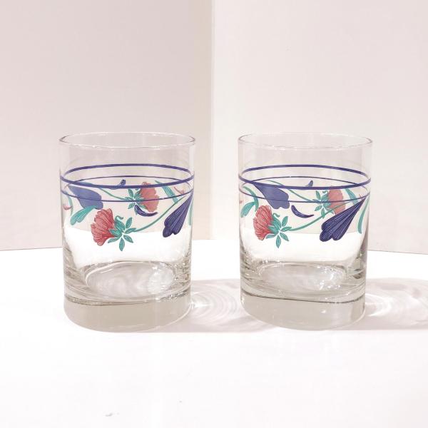 Vintage Lenox Poppies on Blue Double Old Fashioned Glasses, Set of Two, Vintage Whiskey Lowball Rocks Glasses