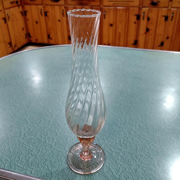 Vintage Pink and Clear Swirled Hand Blown Glass Flower Bud Vase
