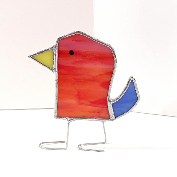 Stained Glass Standing Bird, Funky Red and Blue Glass Bird Suncatcher, Bird Lover Gift, Windowsill Sitter