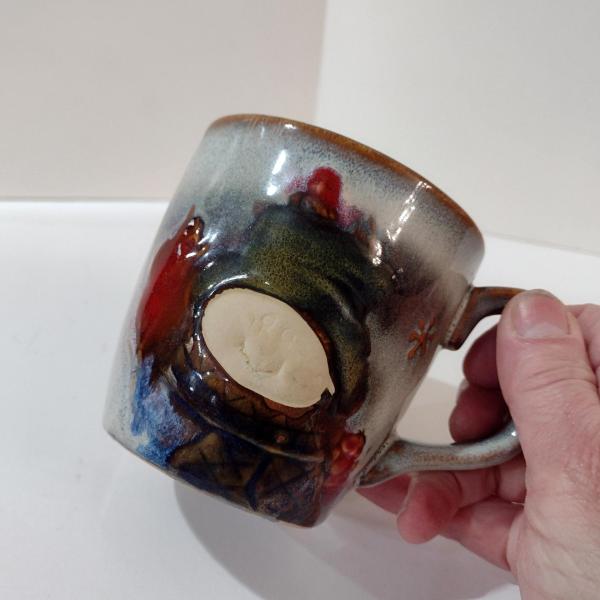 Vintage Snowman and Cardinal Holiday Ceramic Coffee Tea Mug, Studio Pottery Hand Crafted Mug