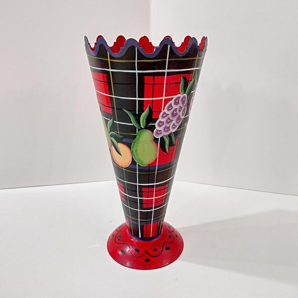 Vintage Jane Keltner Toleware Painted Metal Vase with Fruit and Plaid Design, Signed Keltner Two's Company Tole Cone Vase
