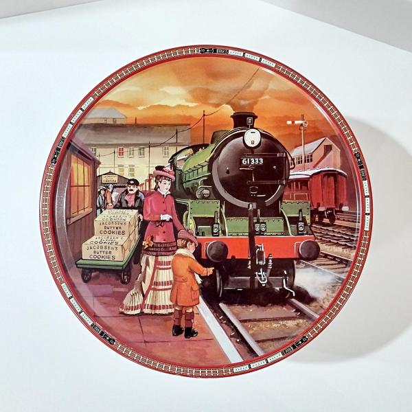 Vintage Jacobsen's of Denmark Butter Cookie Train Station Tin, Large Round Train Themed Metal Storage Tin.