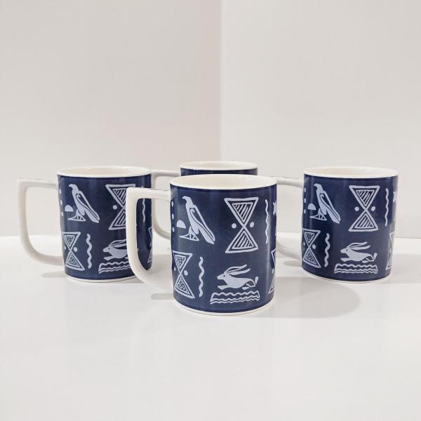 Vintage Mikasa Blue Tribal Arts Coffee Tea Mugs, Set of Four