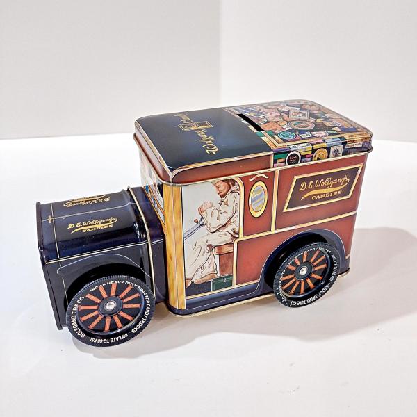 Vintage Wolfgang Candies Metal Truck Storage Tin and Coin Bank