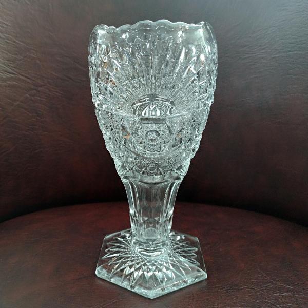 Antique US Glass Sunshine Rising Sun 7 Inch Clear Glass Flower Vase, Vintage Pressed Glass UV Reactive Vase