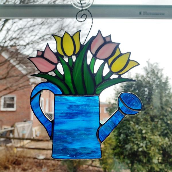 Stained Glass Tulips in Watering Can Suncatcher, Pink and Yellow Tulips Bouquet