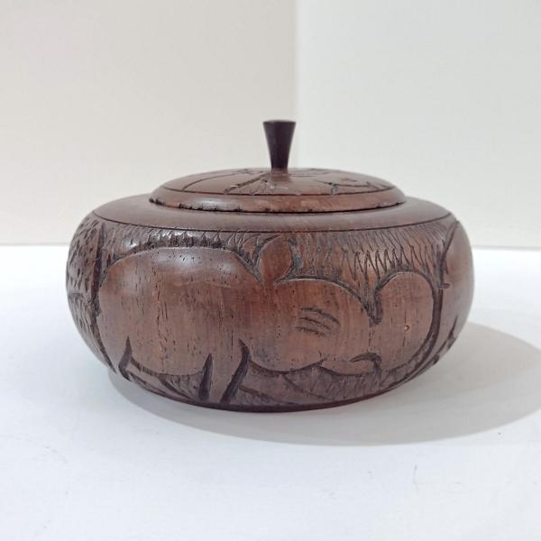 Vintage African Carved Wooden Round Trinket Box with Elephant, Rhino, and Hippo, Safari Animal Wood Container with Lid