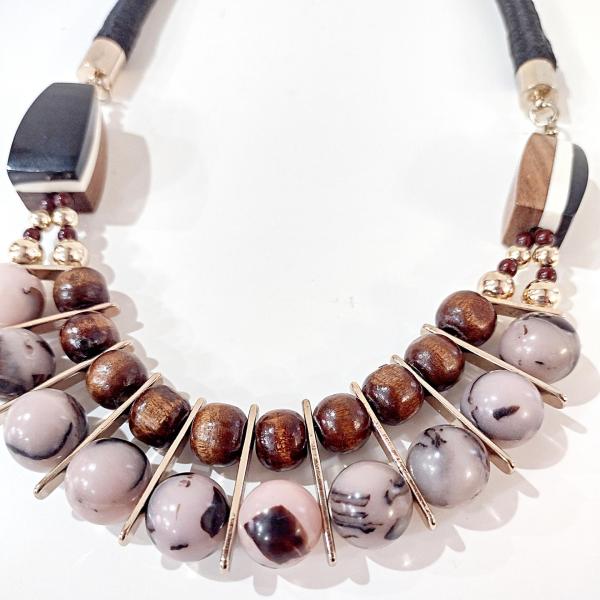 Vintage Wooden Beaded, Rope, and Gold Toned Brown Black Tan Chico's Statement Necklace