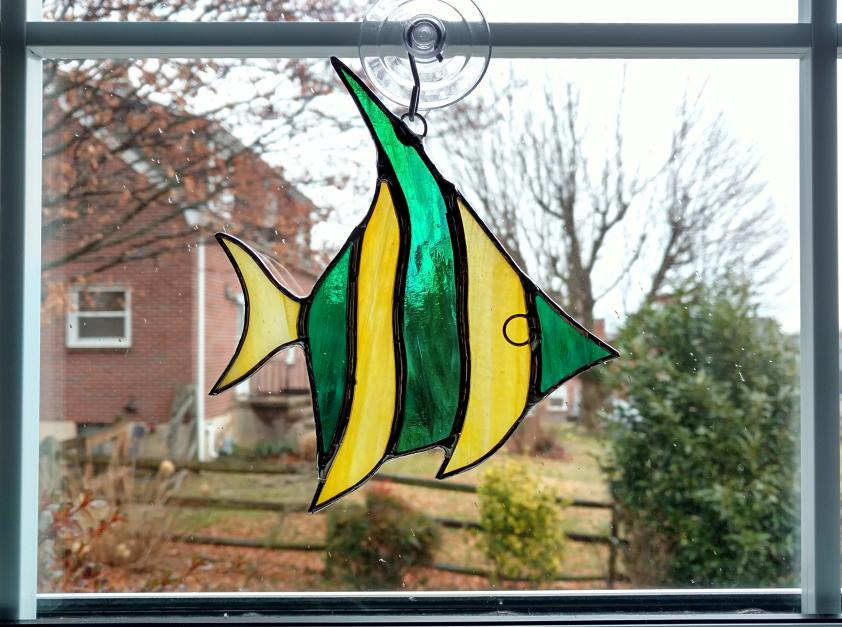 Stained Glass Fish Suncatcher, Angel Fish, Green Yellow Tropical Fish