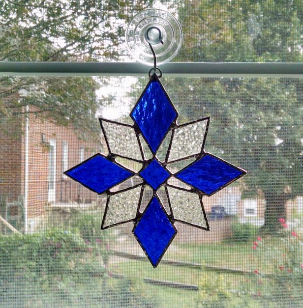 J Devlin Glass Art Iridescent Stained Glass Hex Snowflake Ornament Suncatcher 