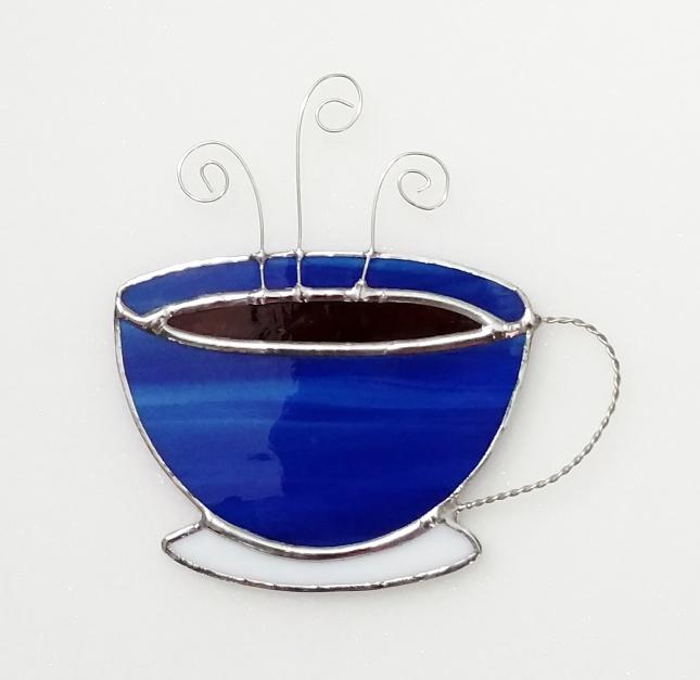 Coffee Cup Suncatcher, Blue Tea Cup, Stained Glass Cup and Saucer