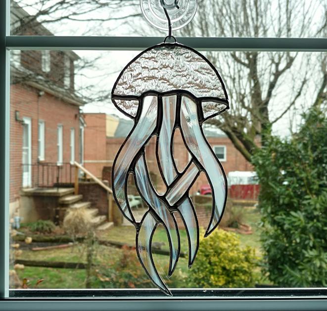 Jellyfish Stained Glass Suncatcher, Clear Cathedral Glass Stained