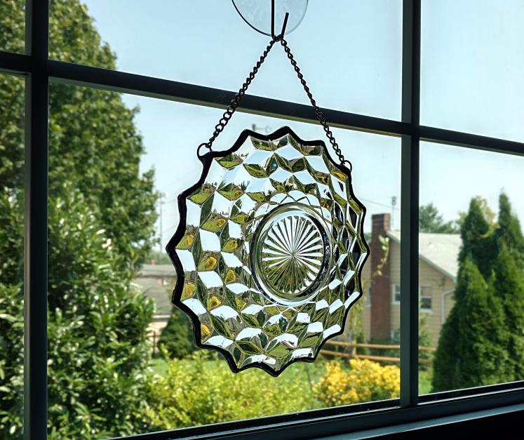 Vintage Glass Plate Window Hanging, Suncatcher, Pressed Glass Plate