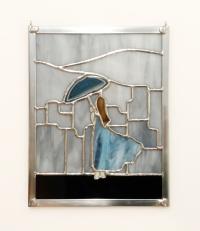 Stained Glass Woman, Rainy City Skyline Window Panel