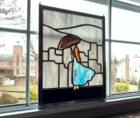Stained Glass Woman, Rainy City Skyline Window Panel