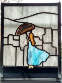 Stained Glass Woman, Rainy City Skyline Window Panel