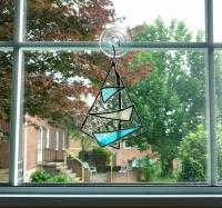 Abstract Sailboat Stained Glass Suncatcher, Iridescent Glass Sculpture