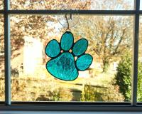 Stained Glass Paw Print Suncatcher, Aqua Blue