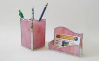 Business Card Holder, Pink Swirled Opalescent Glass, Custom Colors Available