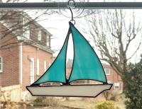 Stained Glass Sailboat Suncatcher, Aqua Blue Swirled, Custom Colors Available