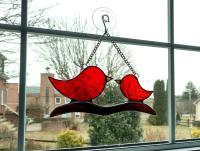 Momma and Baby Birds on a Branch Suncatcher, Red Stained Glass Birds, Custom Colors Available