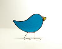 Stained Glass Standing Bird, Turquoise Blue Cathedral Glass