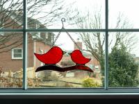 Momma and Baby Birds on a Branch Suncatcher, Red Stained Glass Birds, Custom Colors Available