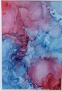 Alcohol Ink Painting, 5 x 7 Matted to 8 x 10, Blue and Rose Pink Abstract Art